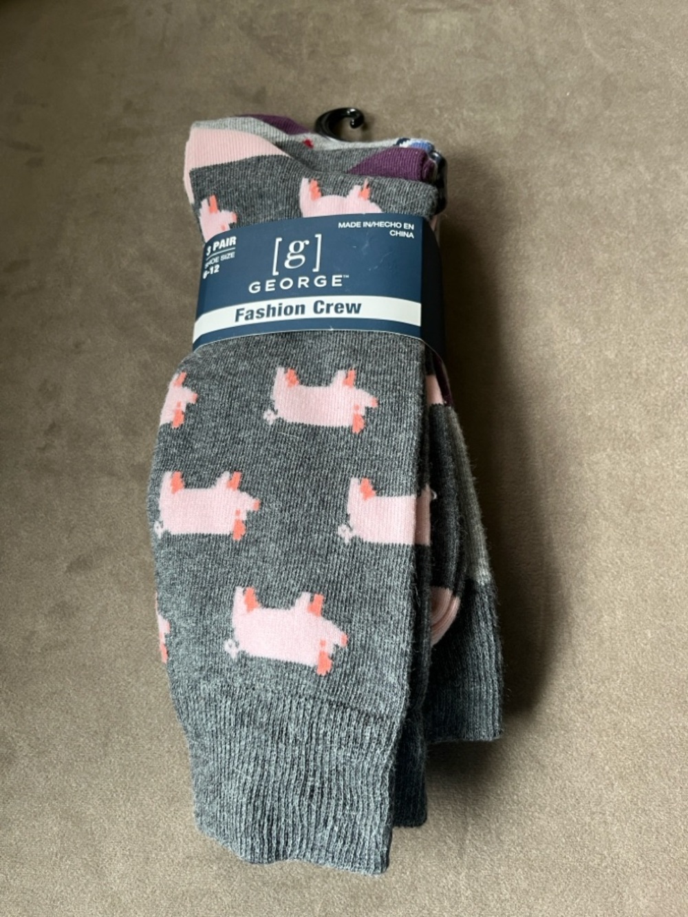 George Grey Crew Socks with Pink Pig Motif 3 Pair